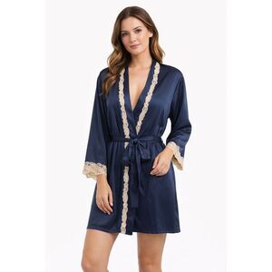 Sapjon Women’s Navy Satin Lace Trim Robe Belted Sleepwear / Nightwear Size Large